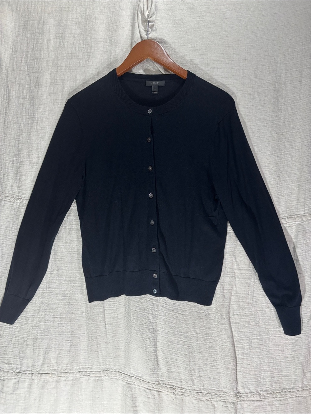 J. Crew Black Classic Button-Front Crewneck Cardigan Cotton Nylon Blend Size L